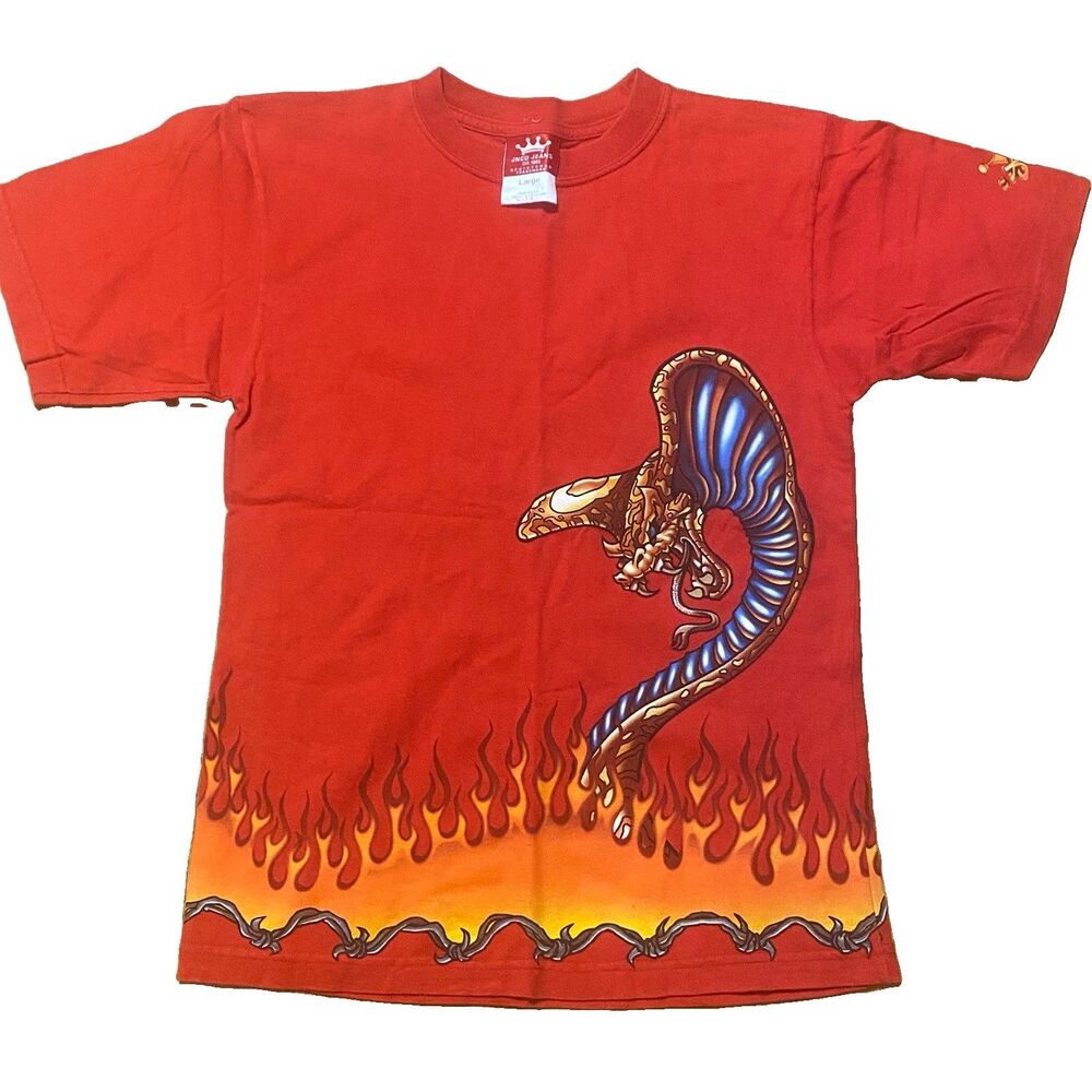Vintage JNCO Authentic T-Shirt Red Snake Flame Graphic USA Y2K 90s